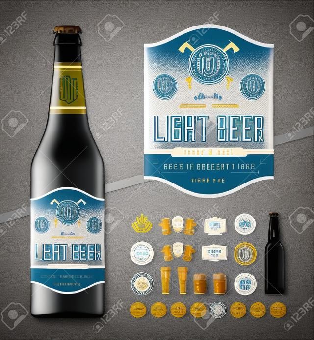 Wektorowa etykieta piwa jasnego realistyczna szklana butelka makieta marki firmy piwowarskiej i ikony tożsamości odznaki insygnia i elementy projektu