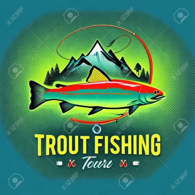 Vector fishing with trout fish, fishing rod, line, hook and mountains. Fishing tournament, tour and camp illustrations