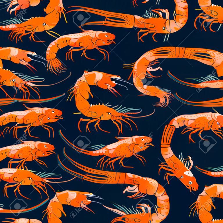 Padrão sem emenda de camarões estilo retro, fundo de frutos do mar, ilustrações de camarão