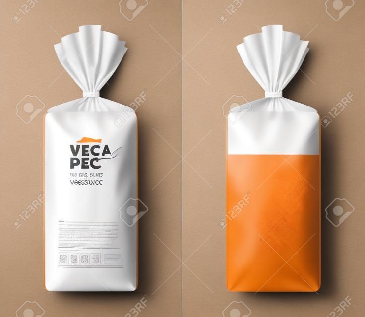 Vector bread packaging mockup, transparent plastic bag with clip