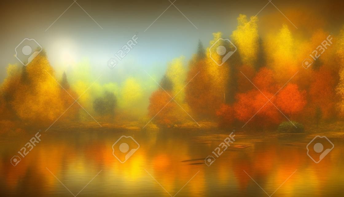 Gouden herfst in het bos bij het meer.tekenen met borstel. heldere kleuren.digitale creatieve ontwerper kunst.abstract surrealistische illustratie.3d render