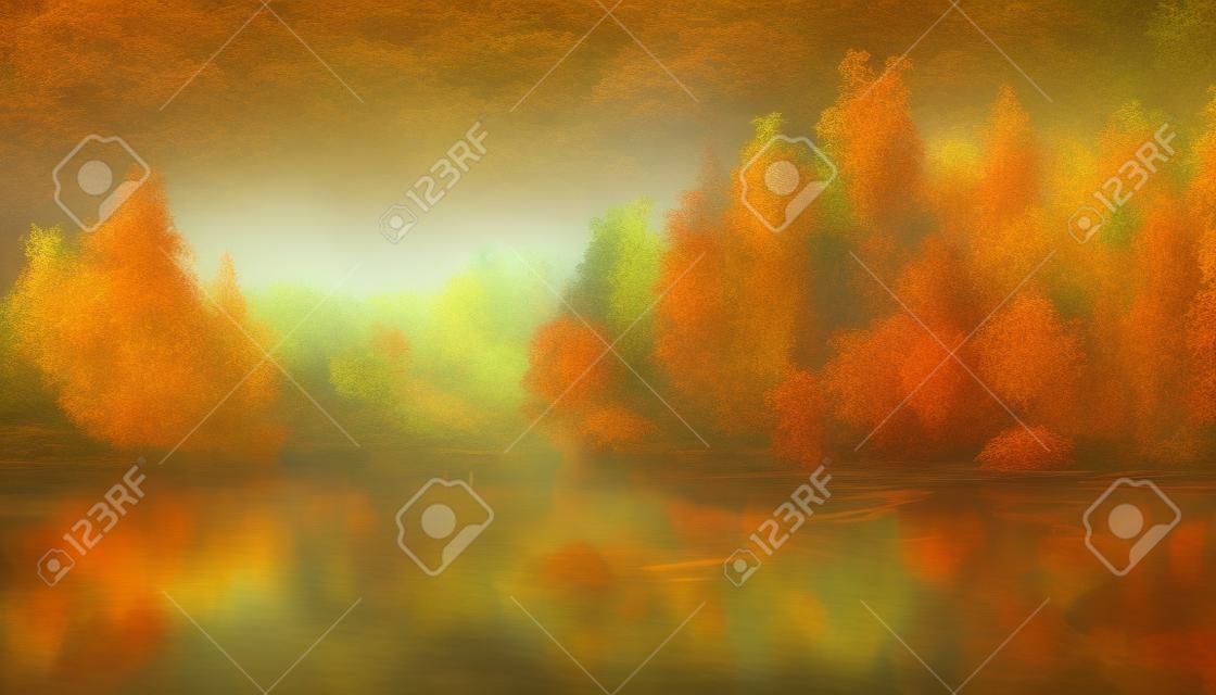 Gouden herfst in het bos bij het meer.tekenen met borstel. heldere kleuren.digitale creatieve ontwerper kunst.abstract surrealistische illustratie.3d render
