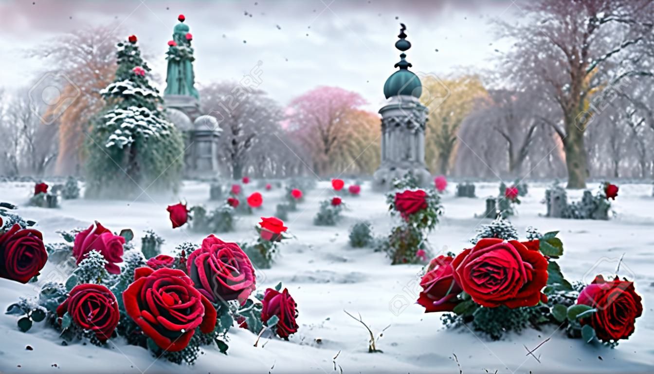 Roses in the snow in old abandoned garden.Vintage tones.Digital creative designer art.Abstract surreal psychedelic illustration.3d render