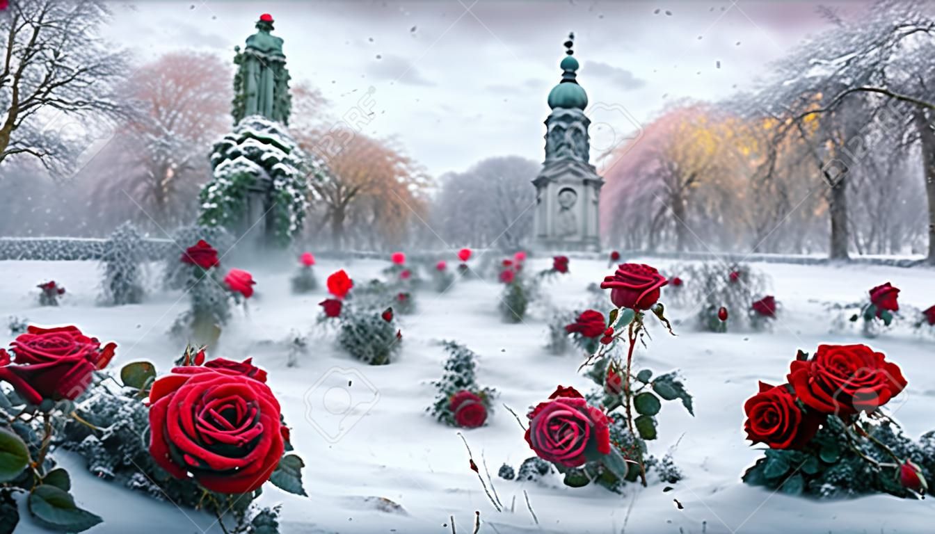 Rose nella neve nel vecchio giardino abbandonato.toni vintage.designer creativo digitale art.illustrazione psichedelica surreale astratta.rendering 3d