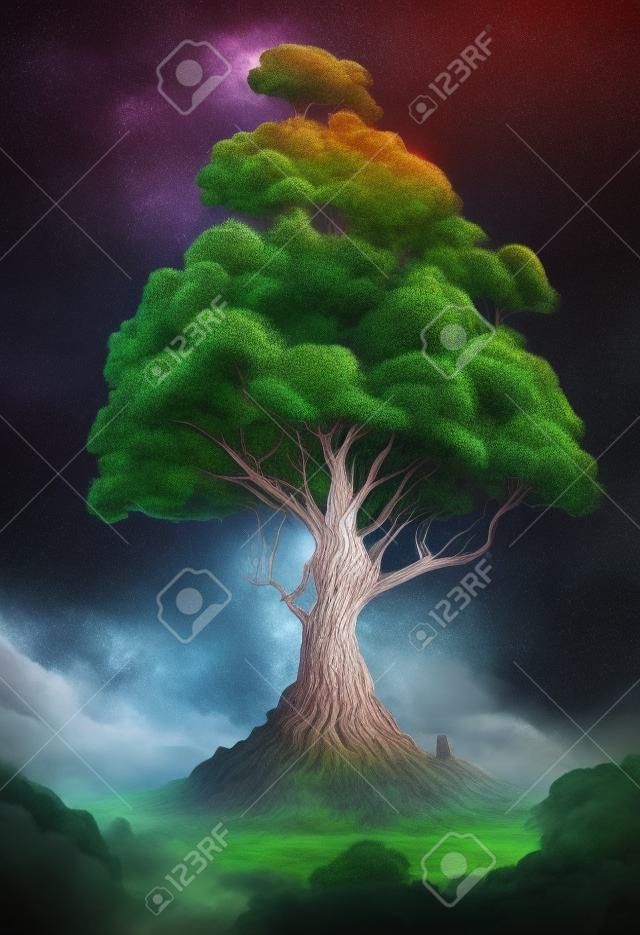 Surreal giant tree growing on a hill.Crown goes to the sky.Freehand drawing painting.Digital designer art.Abstract psychedelic illustration.3D render