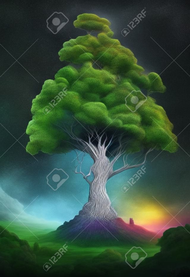Surreal giant tree growing on a hill.Crown goes to the sky.Freehand drawing painting.Digital designer art.Abstract psychedelic illustration.3D render