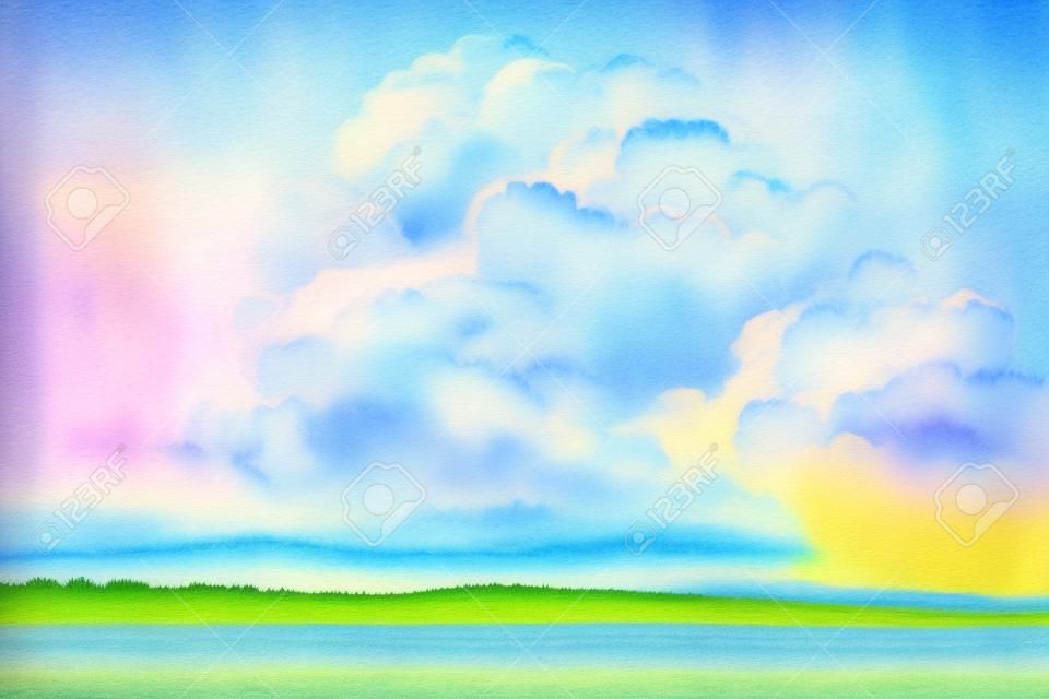 Hermoso paisaje de verano soleado y brillante.cielo azul en las nubes, flores.pintura de dibujo de acuarela a mano alzada.diseñador digital art.abstract illustration.3d render