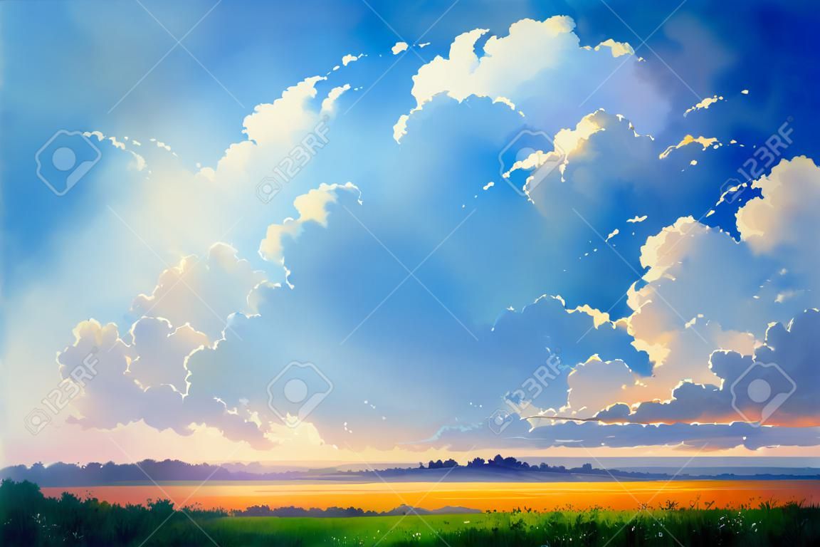 Beautiful bright sunny summer landscape.Blue sky in the clouds, flowers.Freehand watercolor drawing painting.Digital designer art.Abstract illustration.3D render