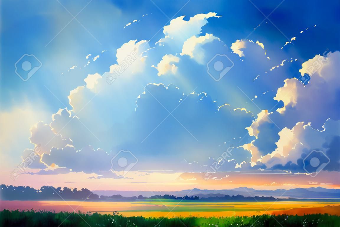 Beautiful bright sunny summer landscape.Blue sky in the clouds, flowers.Freehand watercolor drawing painting.Digital designer art.Abstract illustration.3D render