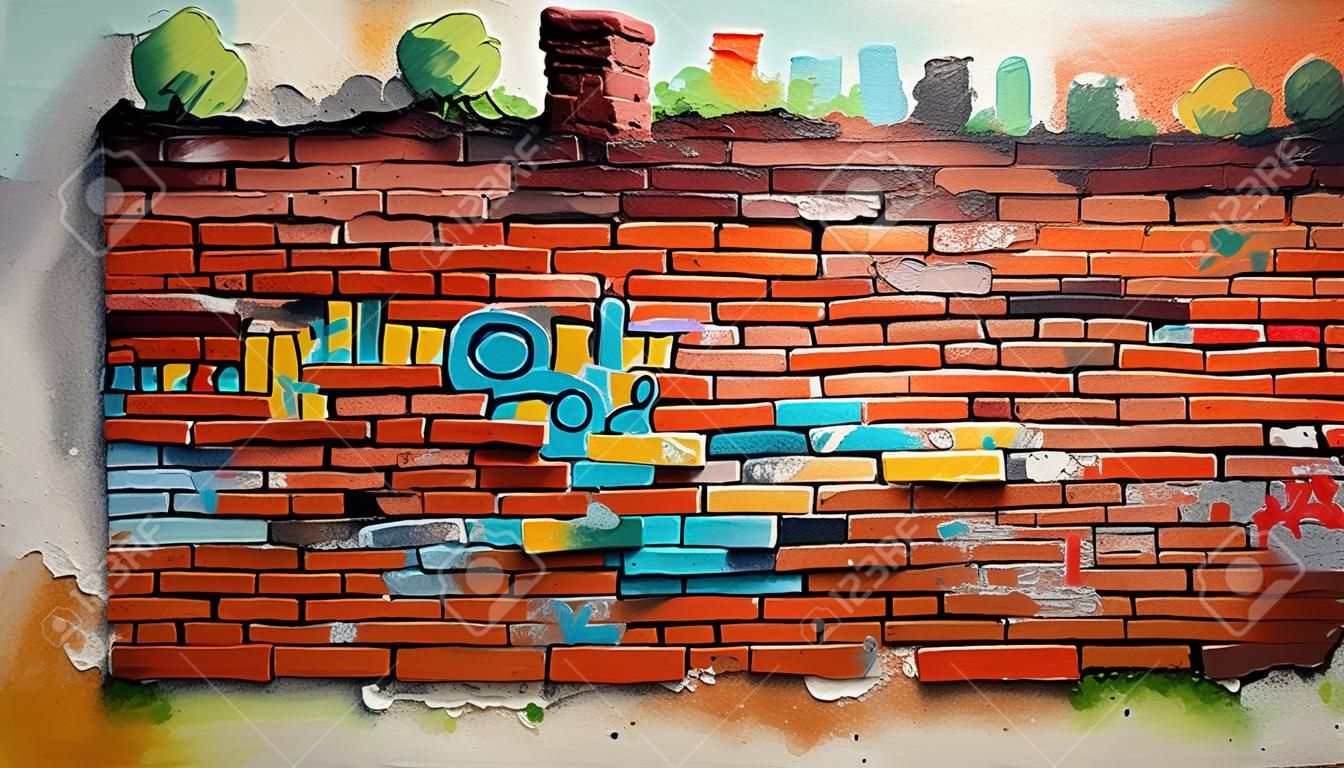 Vecchio muro di mattoni con graffiti, disegno a mano dell'acquerello. arte digitale. illustrazione astratta. rendering 3d