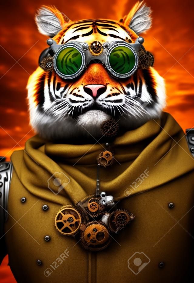 Steampunk Tiger with goggles glasses in clothes.Freehand drawing cyberpunk painting.Digital designer art.Abstract surreal illustration.3D render