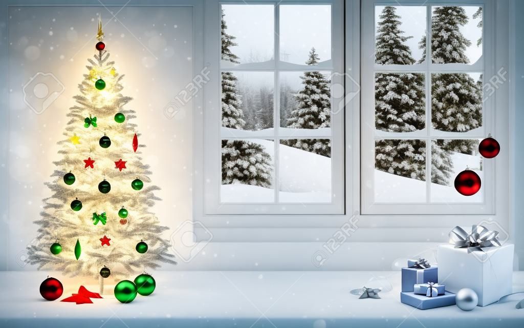 Karácsonyi jelenet a fa és a díszek, fények, dísztárgyak, bálok, ajándékok. Fal és ablak a háttérben.