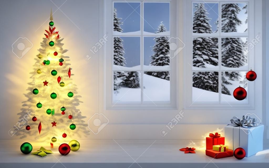 트리 및 장식, 조명, 장식품, 공, 선물 크리스마스 장면. 벽 및 창 배경에서.