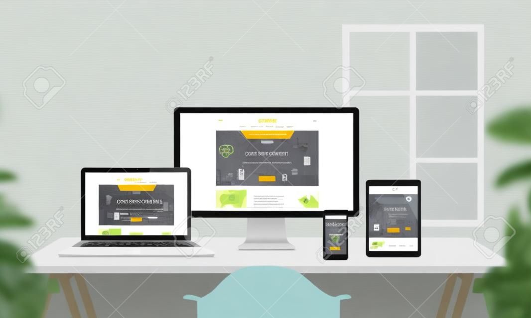 Creative flat responsive web site promotion on different devices. Profesional web design studio. Office desk with devices. Wall and window in background.