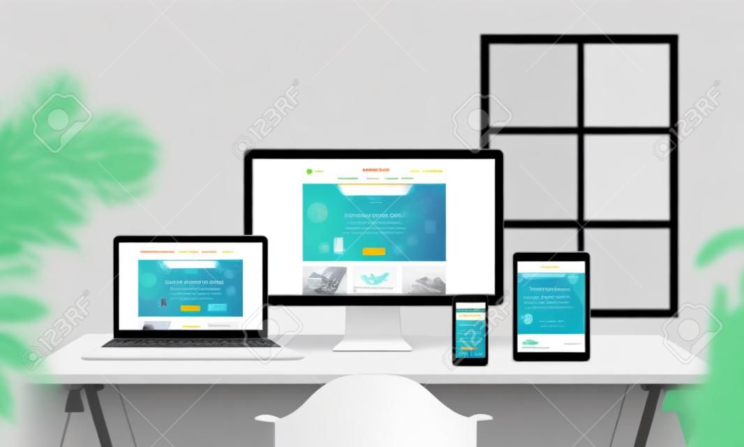Creative flat responsive web site promotion on different devices. Profesional web design studio. Office desk with devices. Wall and window in background.