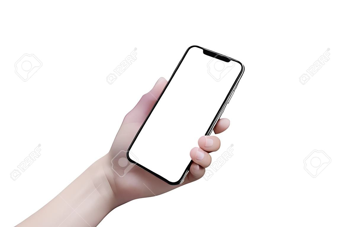 Main de femme isolée avec smartphone moderne avec écran incurvé x blanc.