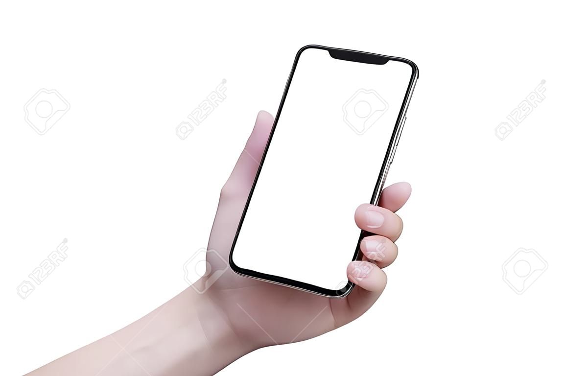 Odosobniona kobiety ręka z nowożytnym smartphone z pustym x wyginającym się ekranem.