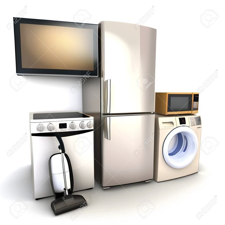 家庭用電化製品。テレビ、冷蔵庫、掃除機、電子レンジ、洗濯機、電気炊飯器