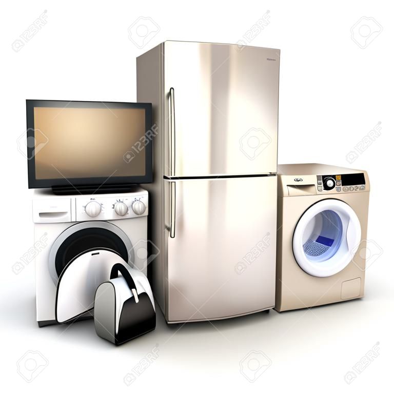 家庭用電化製品。テレビ、冷蔵庫、掃除機、電子レンジ、洗濯機、電気炊飯器