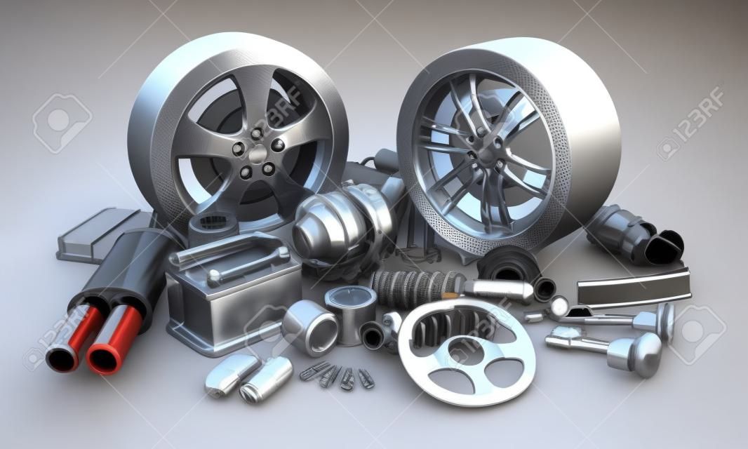 Many auto parts on white background (done in 3d)