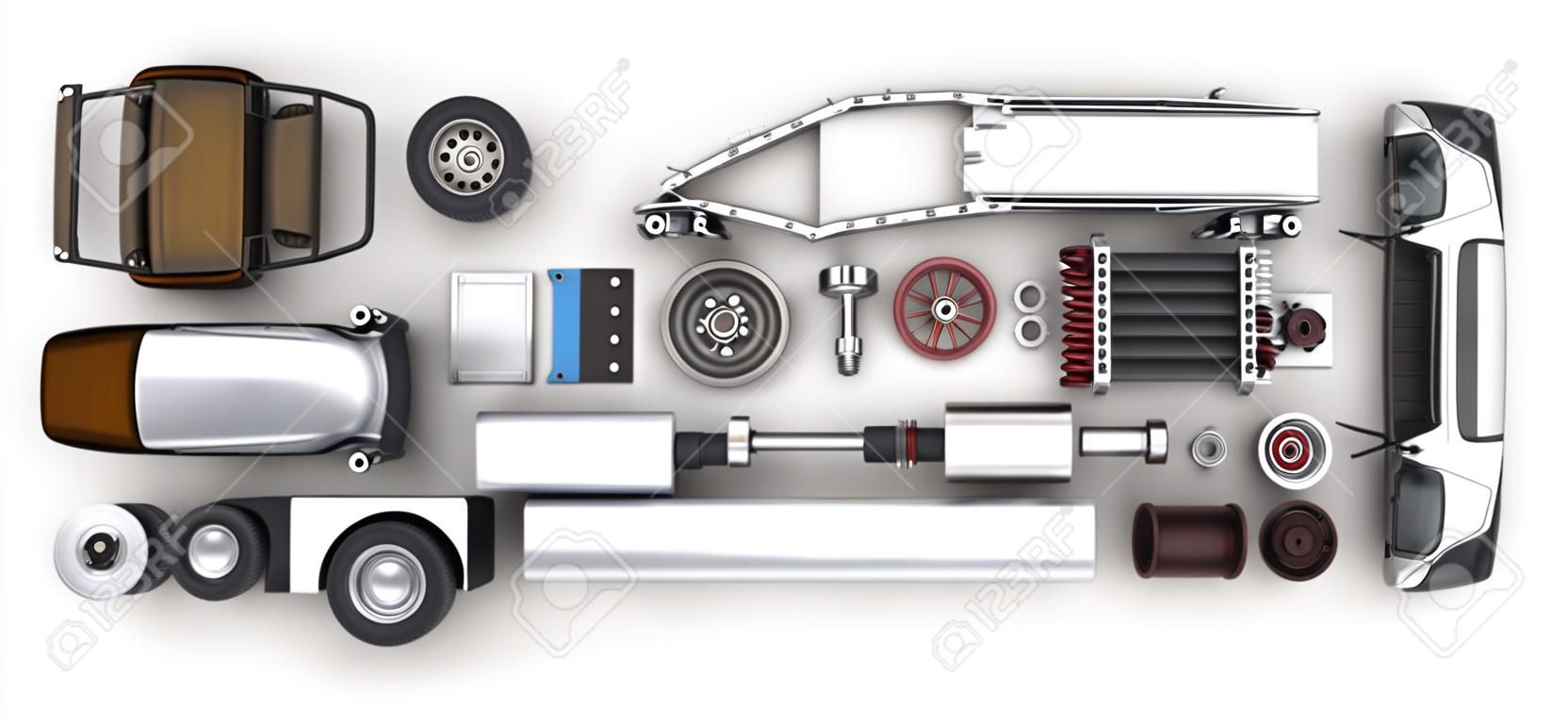 Абстрактные автомобиль и много транспортных средств частей (сделано в 3d-рендеринга)