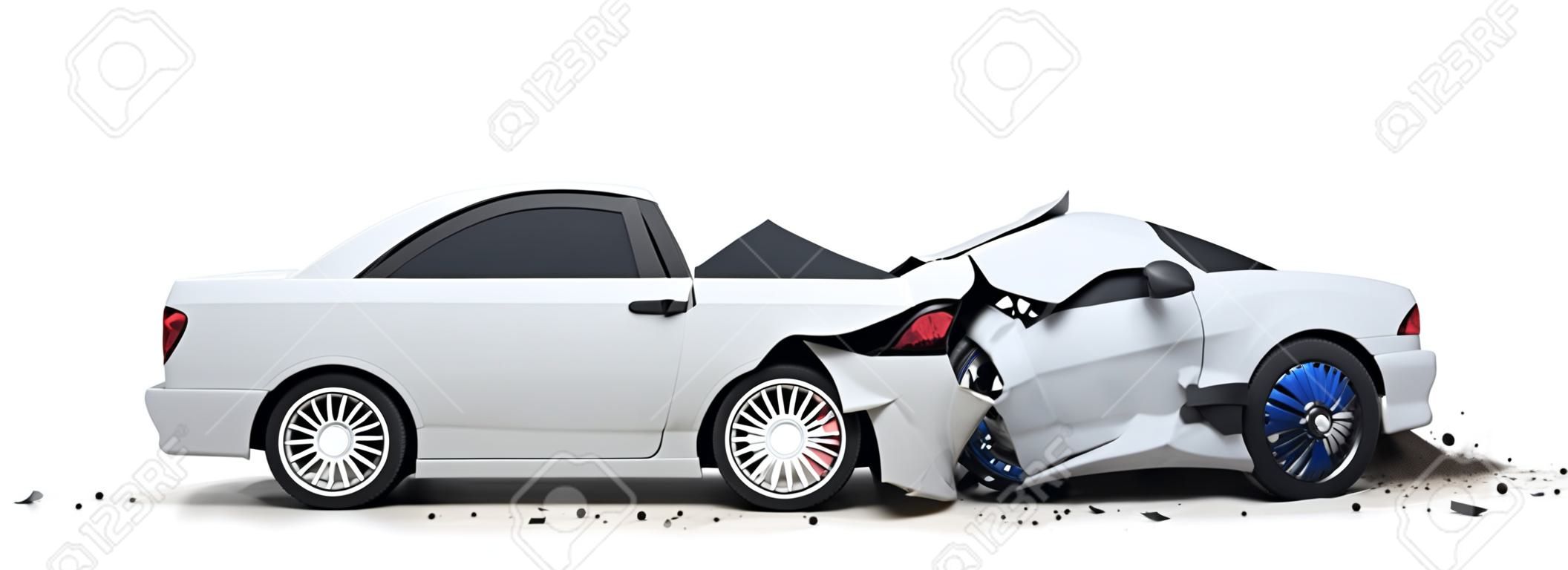 Two car crash on white background. 3d illustration