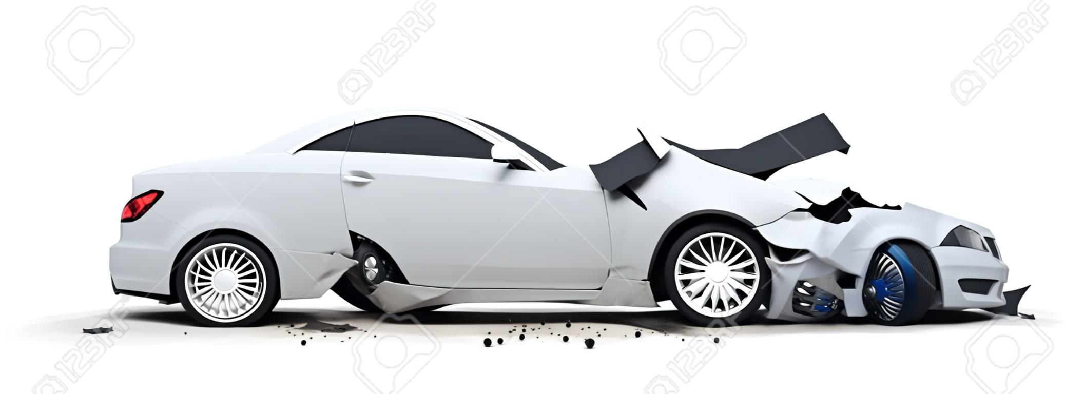 Two car crash on white background. 3d illustration