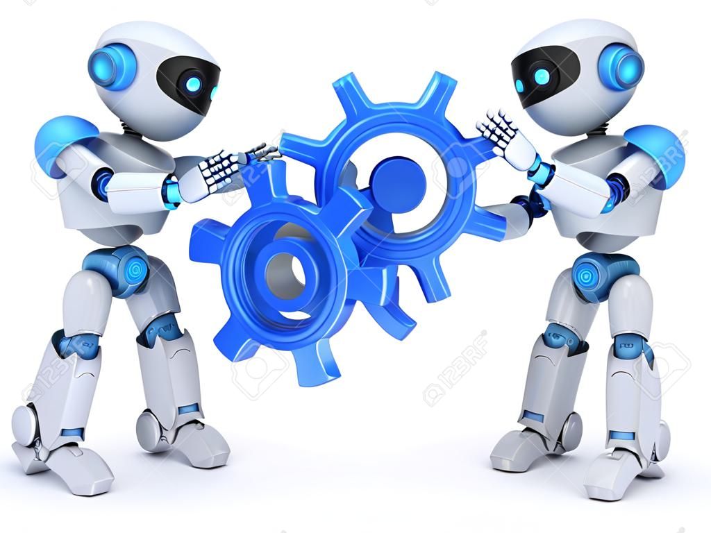 Due robot e ingranaggi. Illustrazione 3d