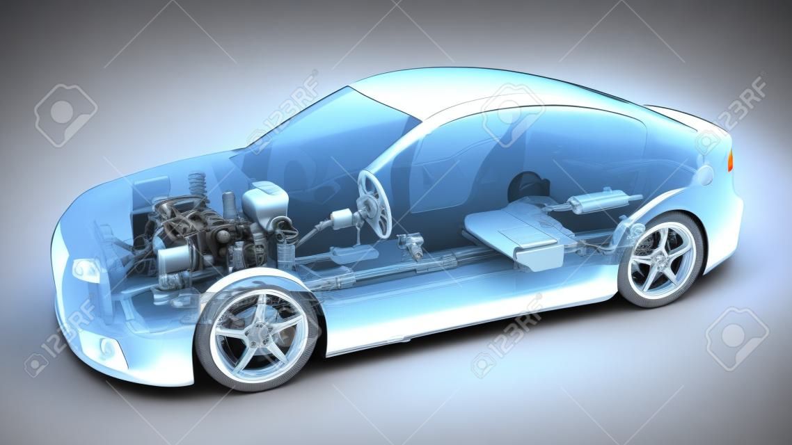 Прозрачный автомобиль, запасной и двигатель и другие детали. 3d иллюстрации
