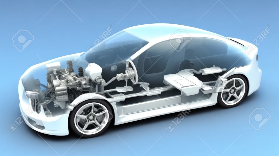 透明的汽车以及备用零件和发动机等细节。 3d插图