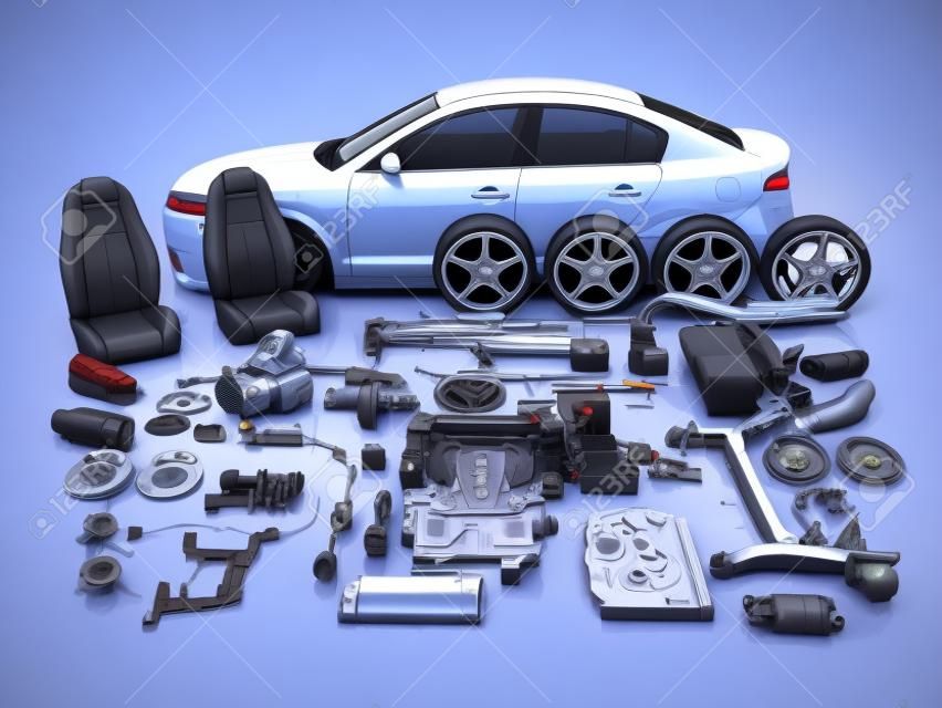 Car body disassembled
 and many vehicles parts. 3d illustration