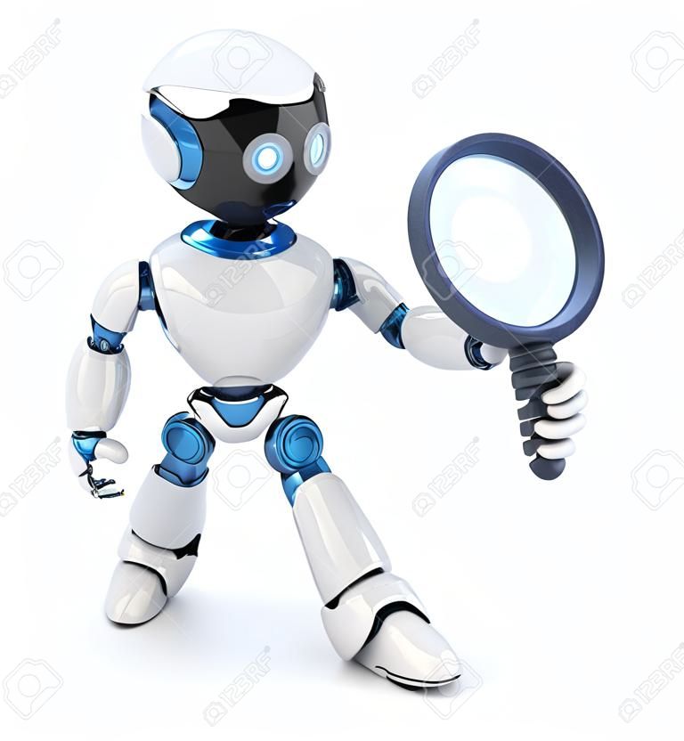 Search robot and lens on white background. 3d illustration 