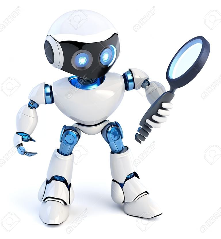 Search robot and lens on white background. 3d illustration 
