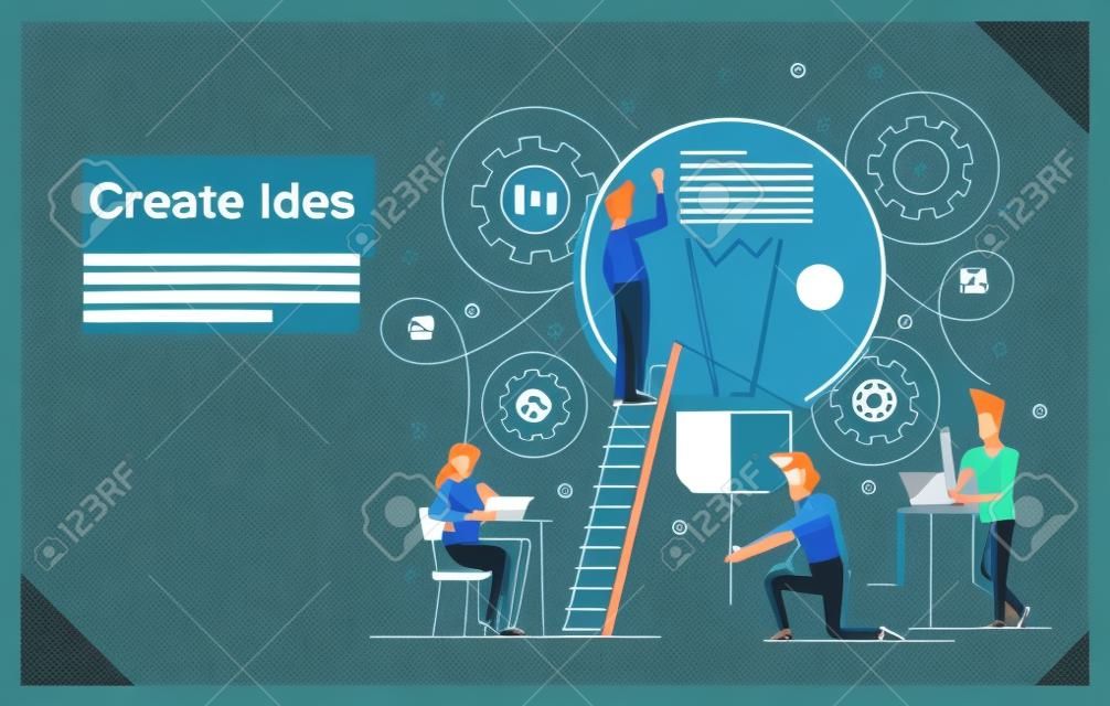 Illustrazione vettoriale di ricerca di nuove soluzioni di idee, assistente online al lavoro. promozione in rete. lavorare insieme in azienda, fare brainstorming