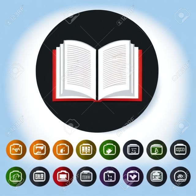 Открытый значок книги. Руководство и учебник, символ инструкция. Квартира Векторная иллюстрация. Кнопка Установить