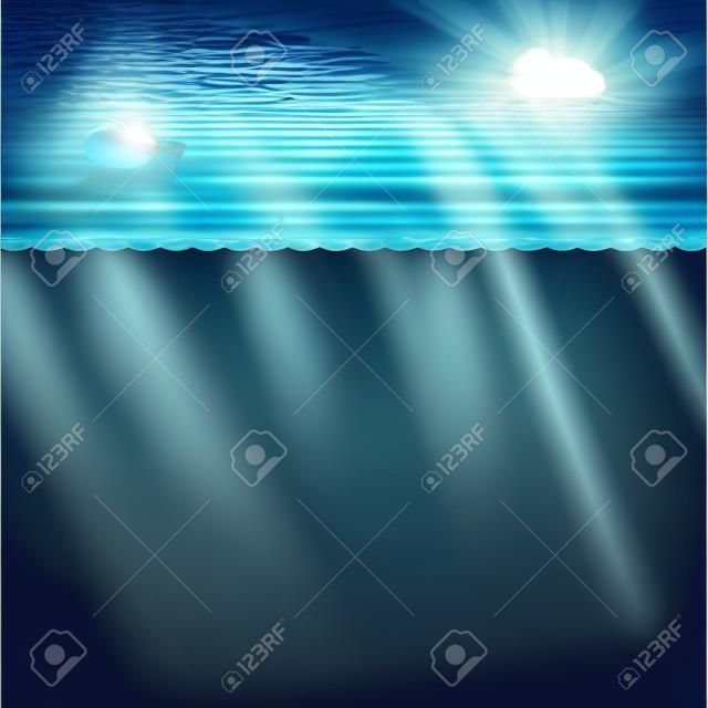 Underwater scene vector illustration, under water ocean background landscape with sun light rays, deep water