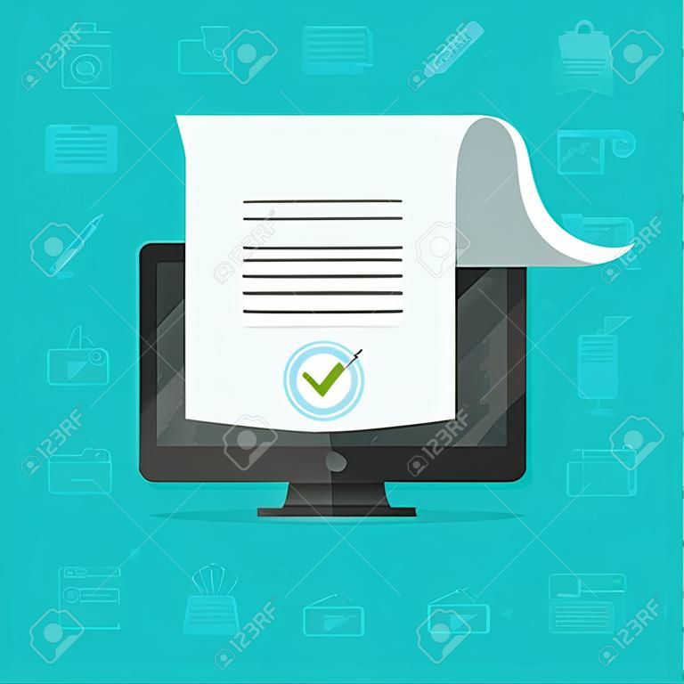 Online electronic documents on computer display vector illustration, flat cartoon paper document and signature on desktop pc screen, concept of digital or internet office, on-line deal, web paperwork