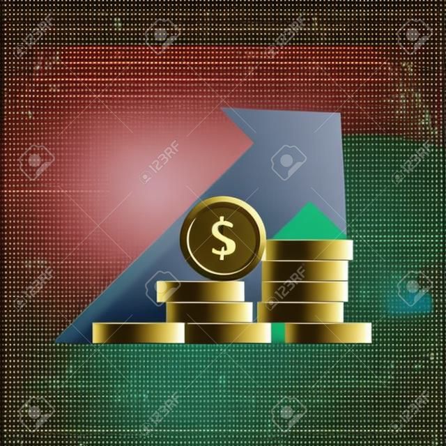 Money growth vector illustration, flat cartoon golden coins pile with revenue graph, concept of income increase or earnings, financial boost chart, success capital investment, cash budget isolated