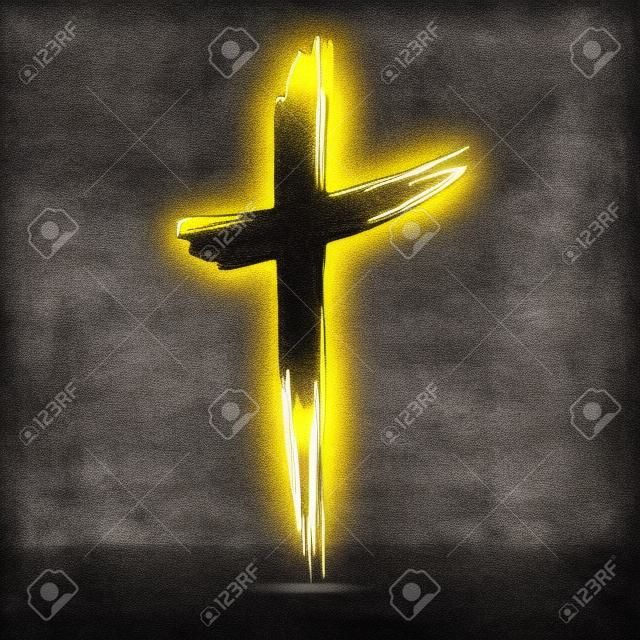 Handgezeichnetes Kreuz, Grunge-Kreuz, glühendes christliches Symbol