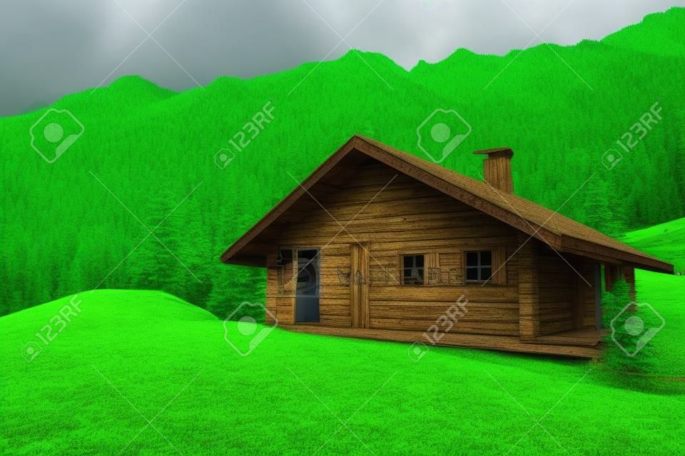 Wooden house in the green forest between the mountains