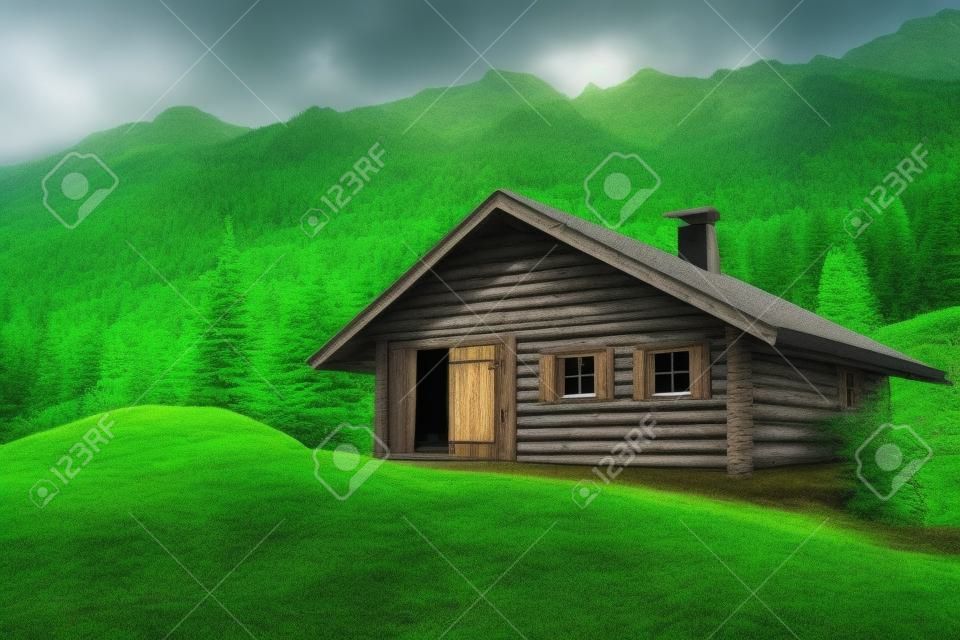 Houten huis in het groene bos tussen de bergen