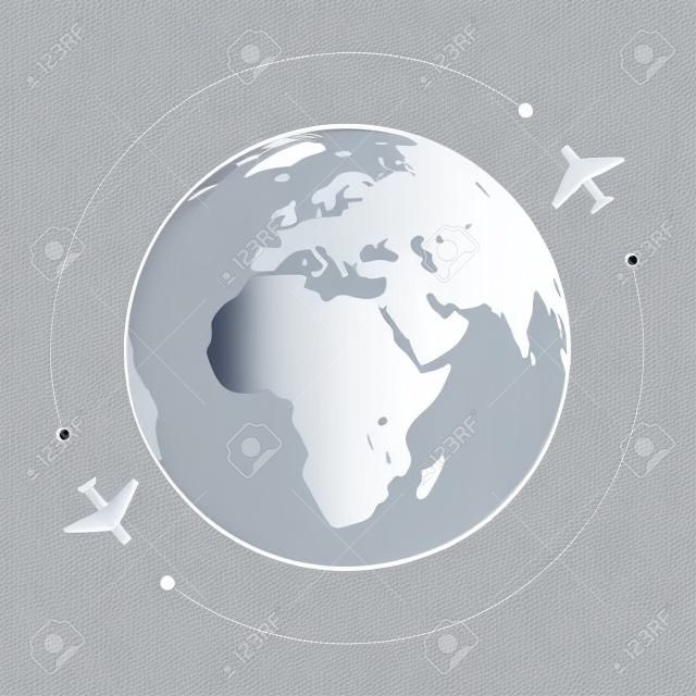 Twee vliegtuigen over de hele wereld, grijswit, Eps10 vector, witte achtergrond.