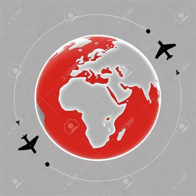 Two aircraft around the globe. Grey white illustration.  Eps10 vector. White background.