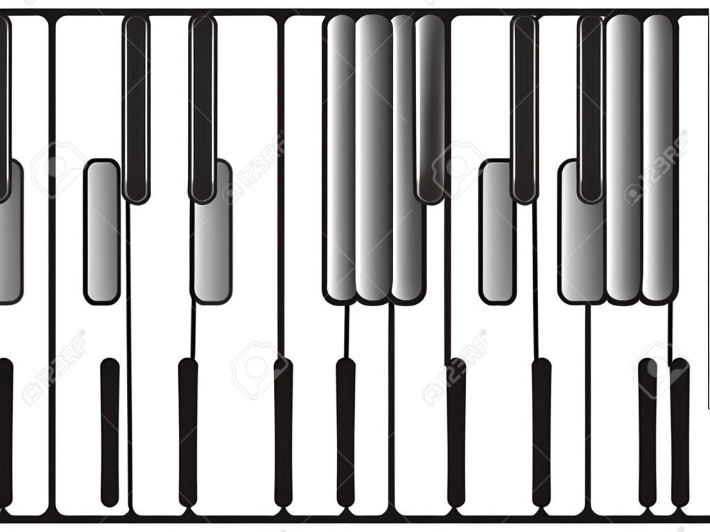 Piano keys showing one octave of notes in a smiple, minimalistic graphic illustration on black and white.