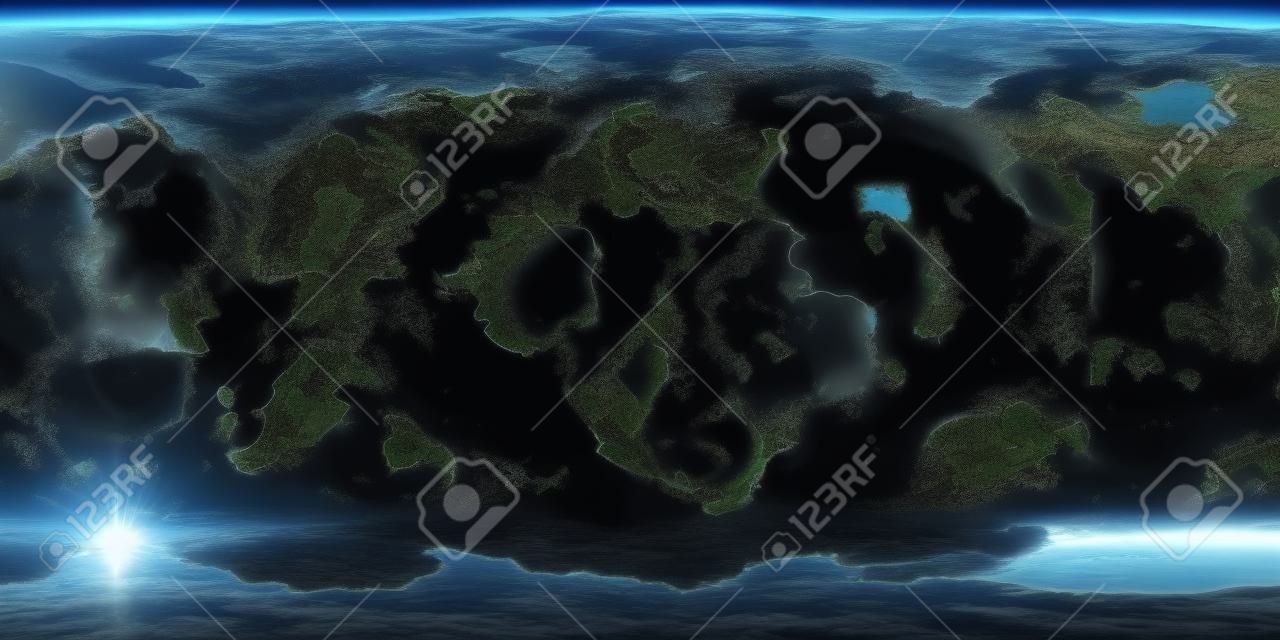 This is a equirectangular map of a 3D computer generated planet that looks like the world known as Earth, but it is a random mapping of landscape and sea.
