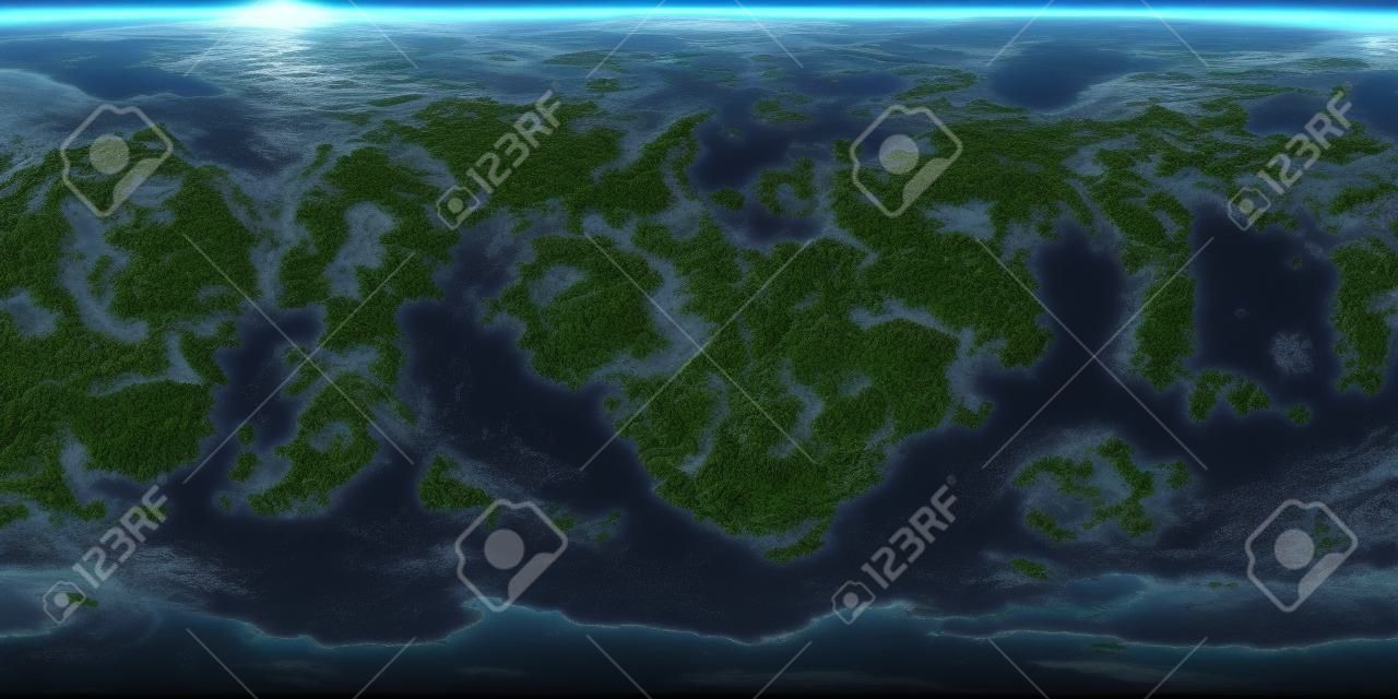 C'est une carte équirectangulaire d'une planète 3D générée par ordinateur qui ressemble au monde connu sous le nom de Terre, mais il s'agit d'une cartographie aléatoire du paysage et de la mer.