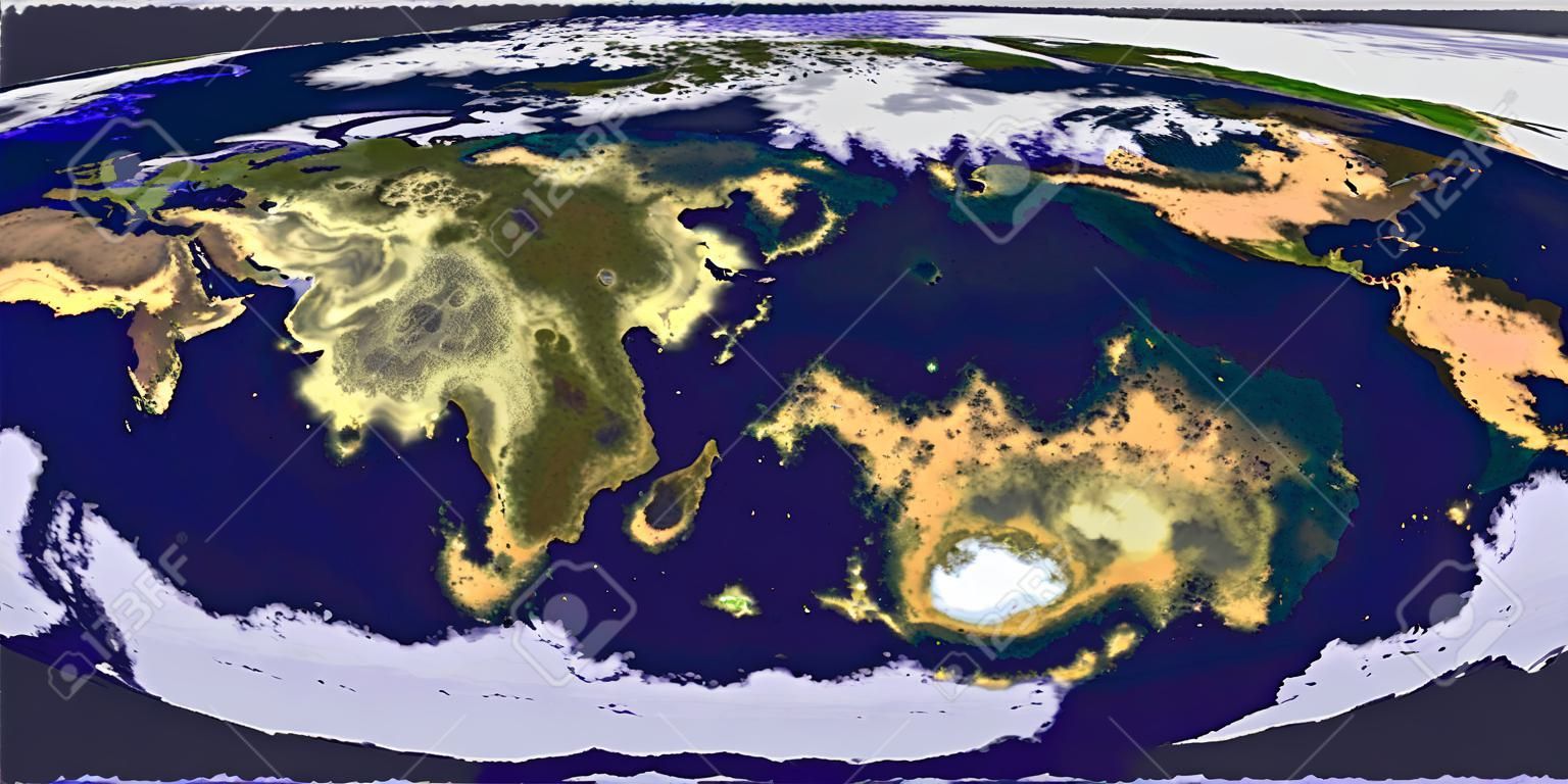 C'est une carte équirectangulaire d'une planète 3D générée par ordinateur qui ressemble au monde connu sous le nom de Terre, mais il s'agit d'une cartographie aléatoire du paysage et de la mer.