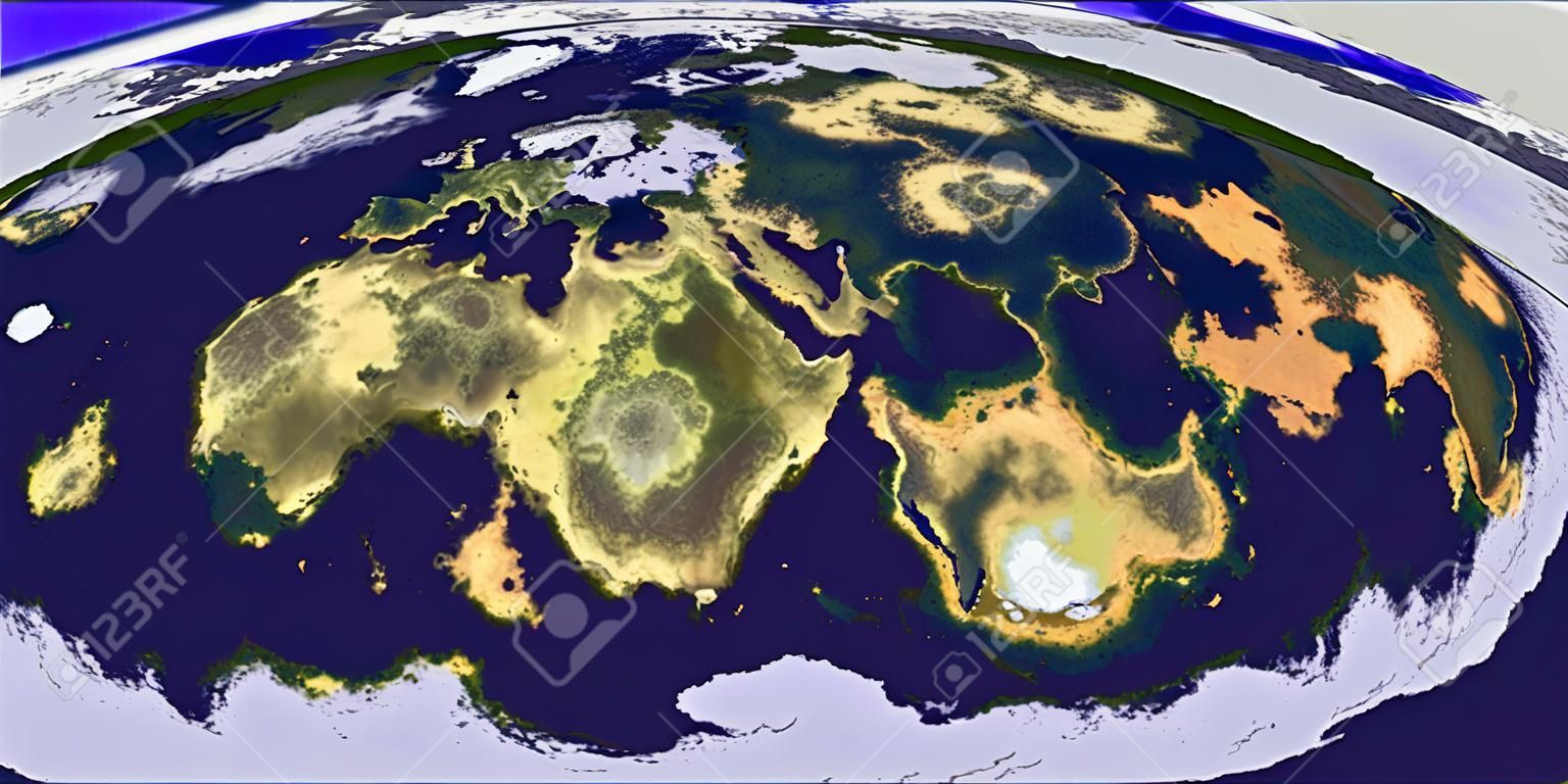 To jest mapa equirectangular 3D komputera planety wygenerowane, wyglądający jak świata, znany jako ziemi, ale jest losowy mapowanie krajobrazu i morza.
