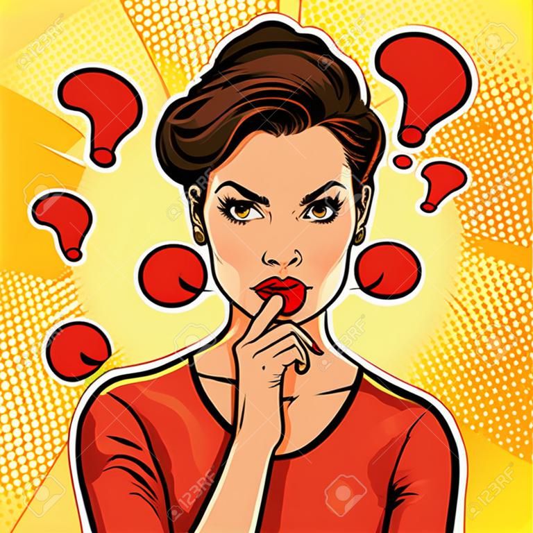 Woman skeptical facial expressions. Pop art retro vector illustration in comic style
