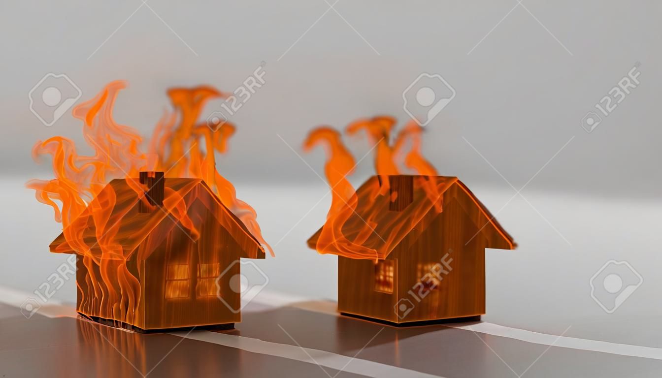 Wood house model on fire 3d illustration, finance and banking about house insurance concept, investment ideas about real estate companies, financial success and growth concept